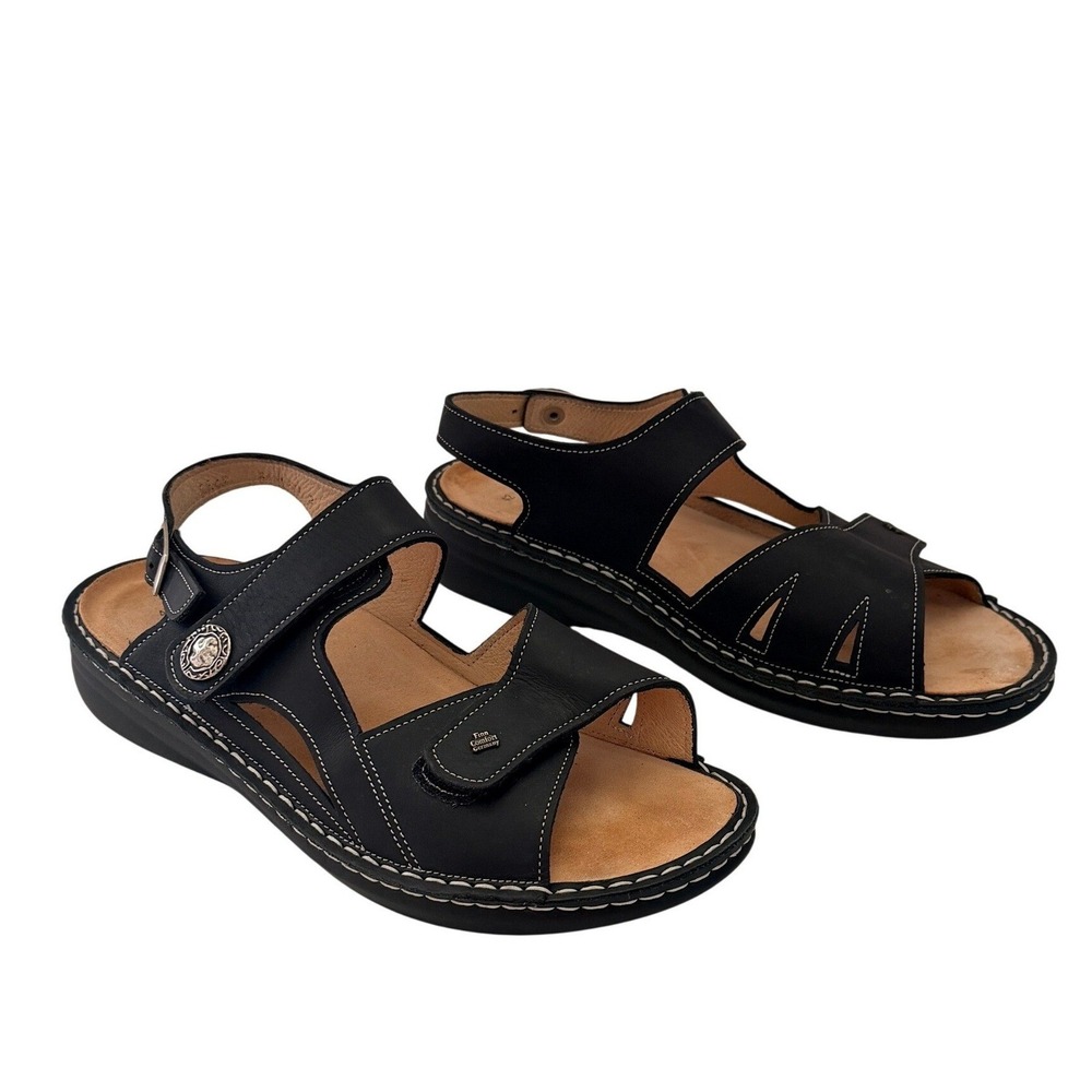 Finn Comfort Mellow Sandals Womens Sz 12 Black Leather Adjustable Strap Walking